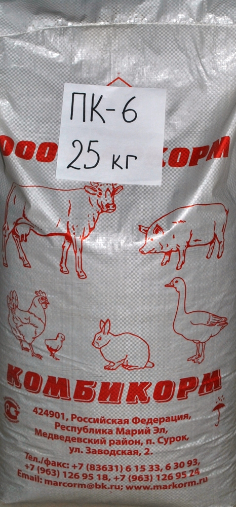 Фото Комбикорм ПК-6 для откорма бройлеров от 1 мес  (25кг)