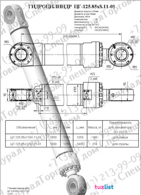 Фото Гидроцилиндр стрелы ЭО-33211, ЭО-43211, ЦГ-125.85х1250.11.00